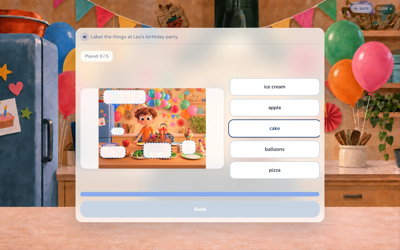 Kidverse activity: label the things at Leo’s birthday party by choosing the right words.