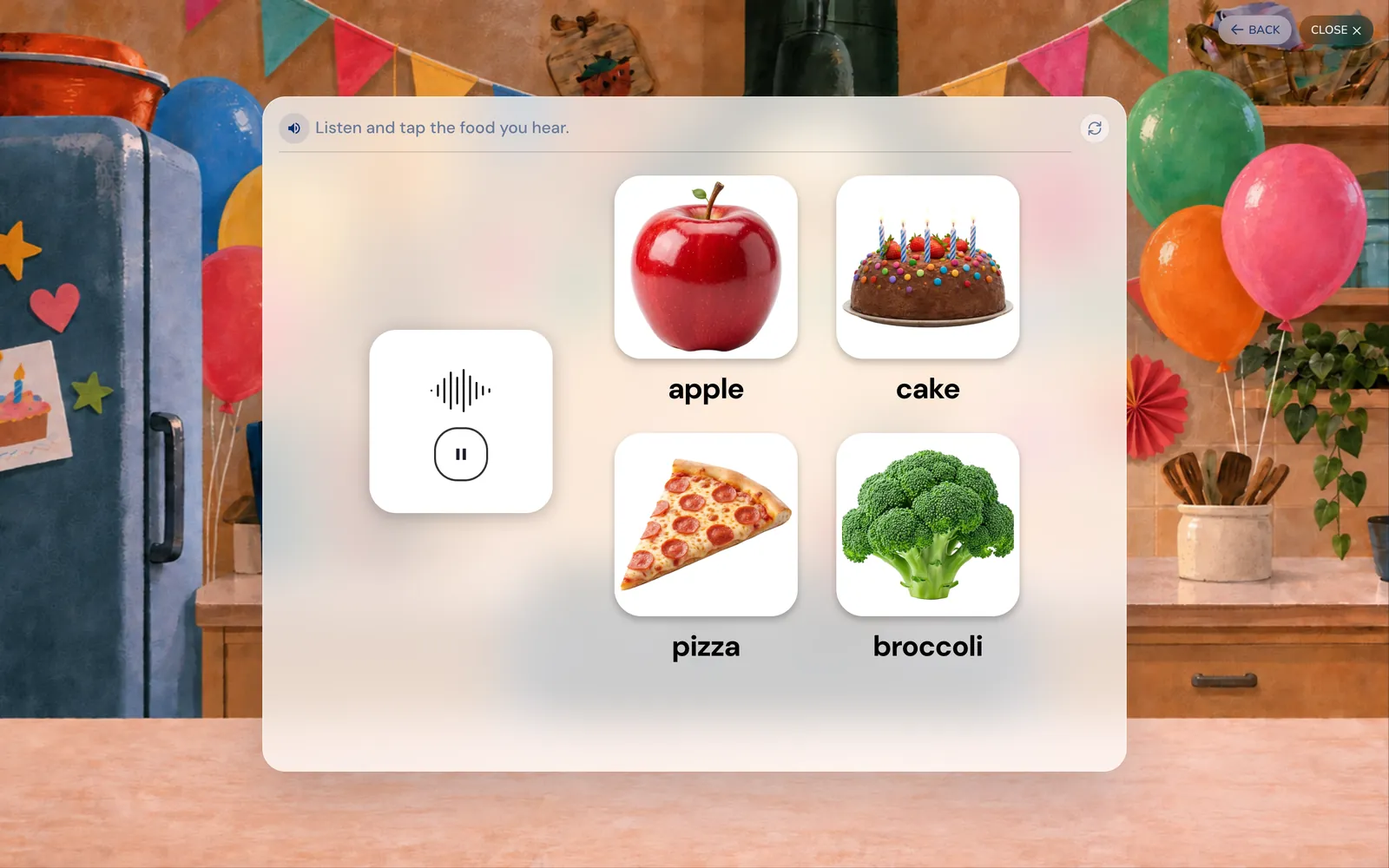 Kidverse activity: listen and tap the food you hear, with apple, cake, pizza and broccoli cards.