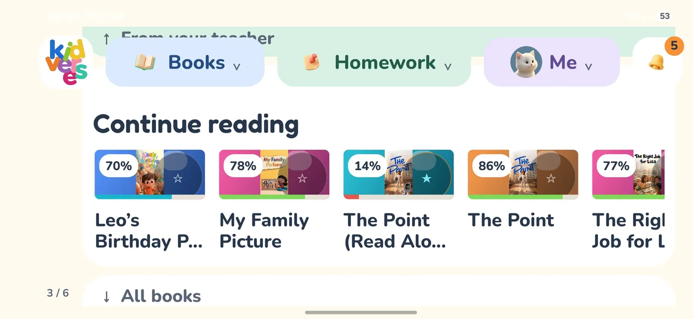 Kidverse mobile app: continue reading, with progress shown on each book.