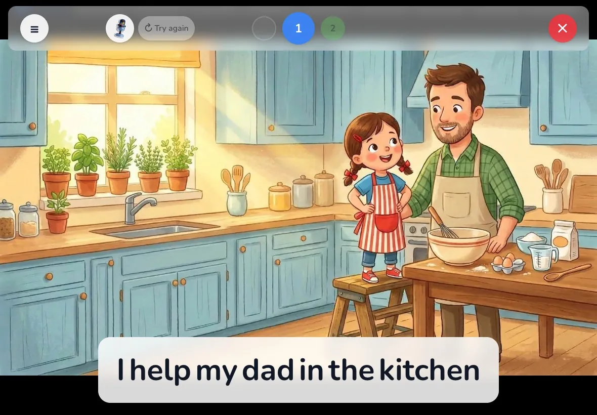 Kidverse Read Aloud: the child reads “I help my dad in the kitchen” out loud.