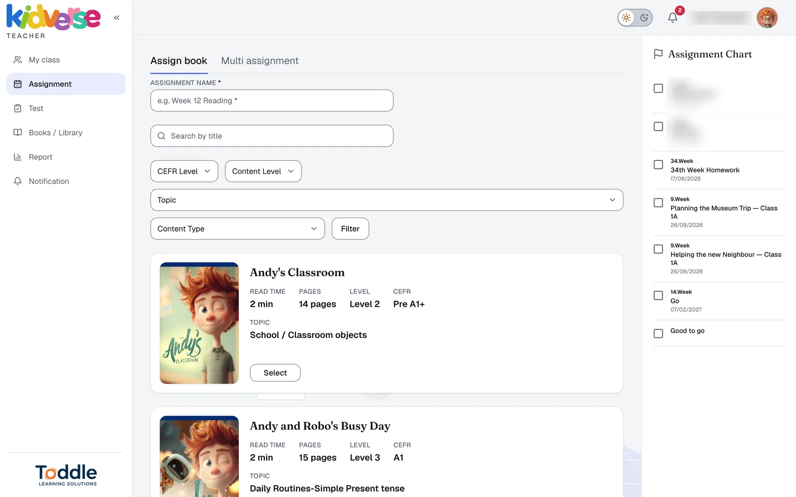 Kidverse teacher dashboard: assigning a book with filters for CEFR level, content level and topic.