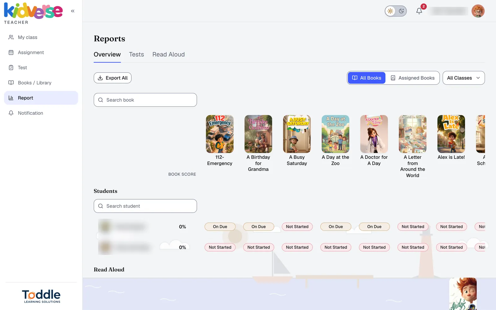 Kidverse teacher dashboard: reading report by book and by student. Student names are blurred.