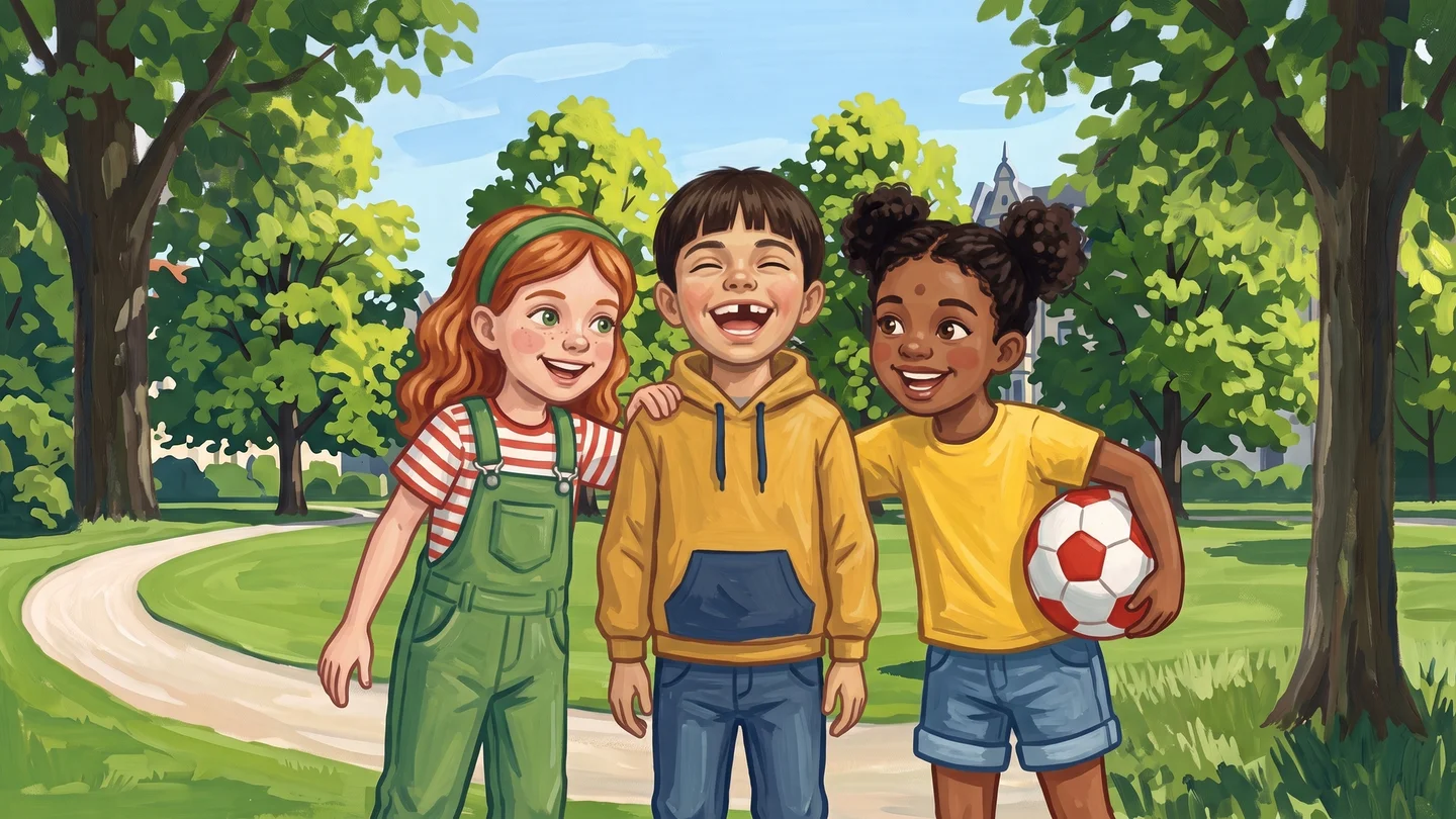 Original illustration from Der neue Junge, page 13: Greta, Bruno and Nele together in the park; Greta says they are friends.
