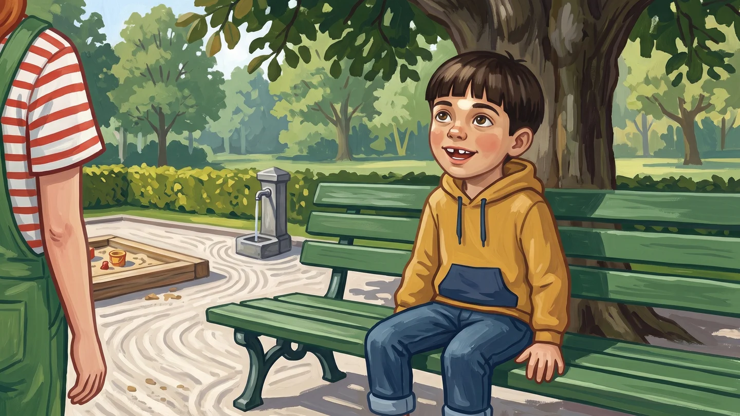 Original illustration from Der neue Junge, page 9: the new boy says his name is Bruno and that he is new here.
